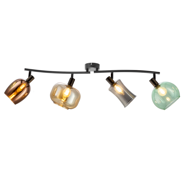 Deckenlampe mit 4 verschiedenen Glasschirmen in verschiedenen Farben, bunte Lampe